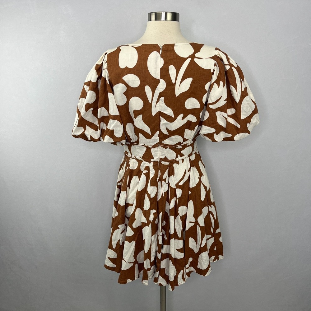 House of Harlow 1960 Mini Dress 6 Floral Brown Ivory Vacation Party Puff Sleeve - Picture 8 of 15